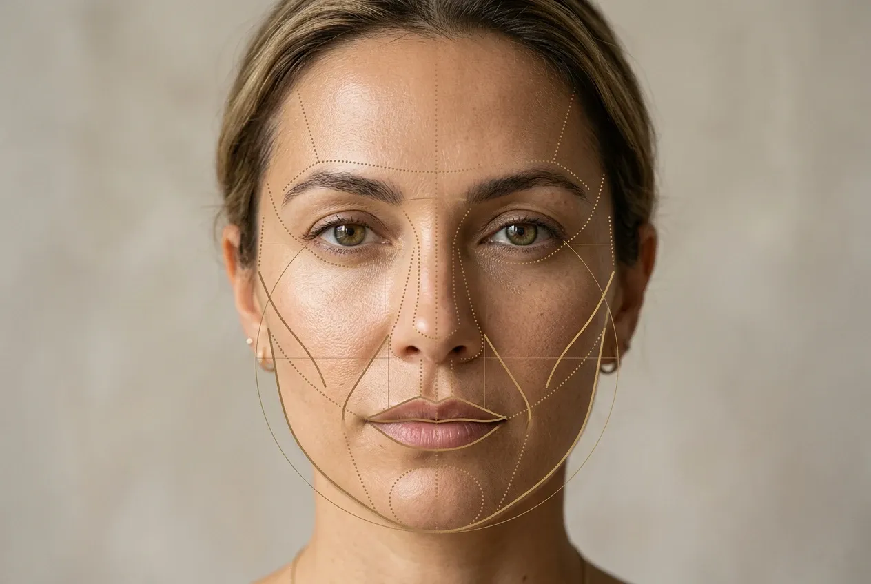 Rostro de una mujer de frente con el mapa completo de armonización dibujado en dorado sobre pómulos, mandíbula, mentón y sienes