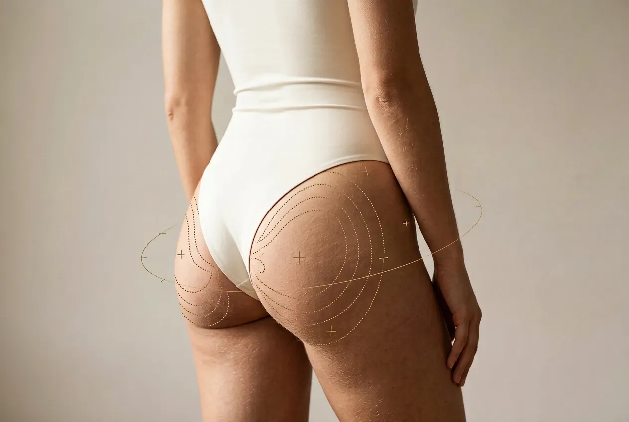 Silueta femenina de espaldas con las curvas de caderas y glúteos trazadas en líneas punteadas doradas