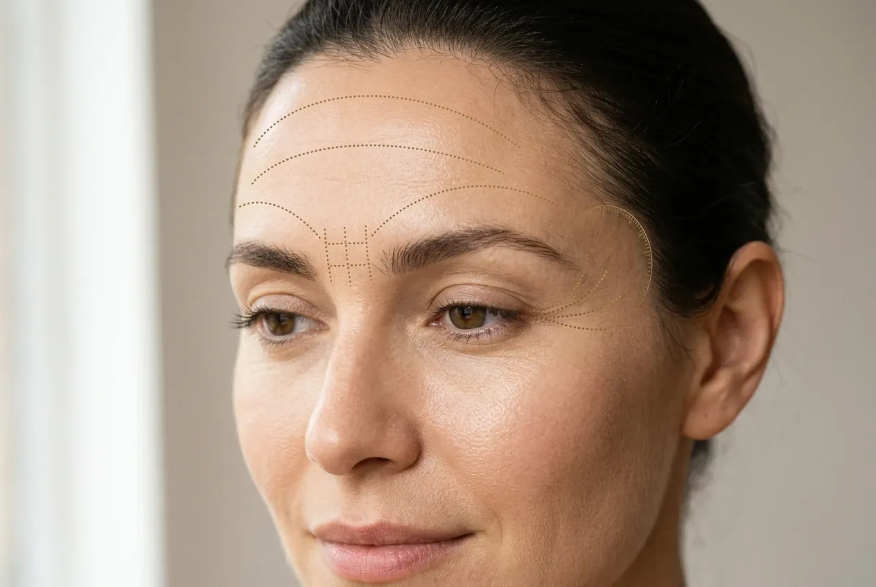 Rostro sereno de una mujer con las líneas de marcación del tratamiento dibujadas en dorado sobre la frente, el entrecejo y el contorno de ojos