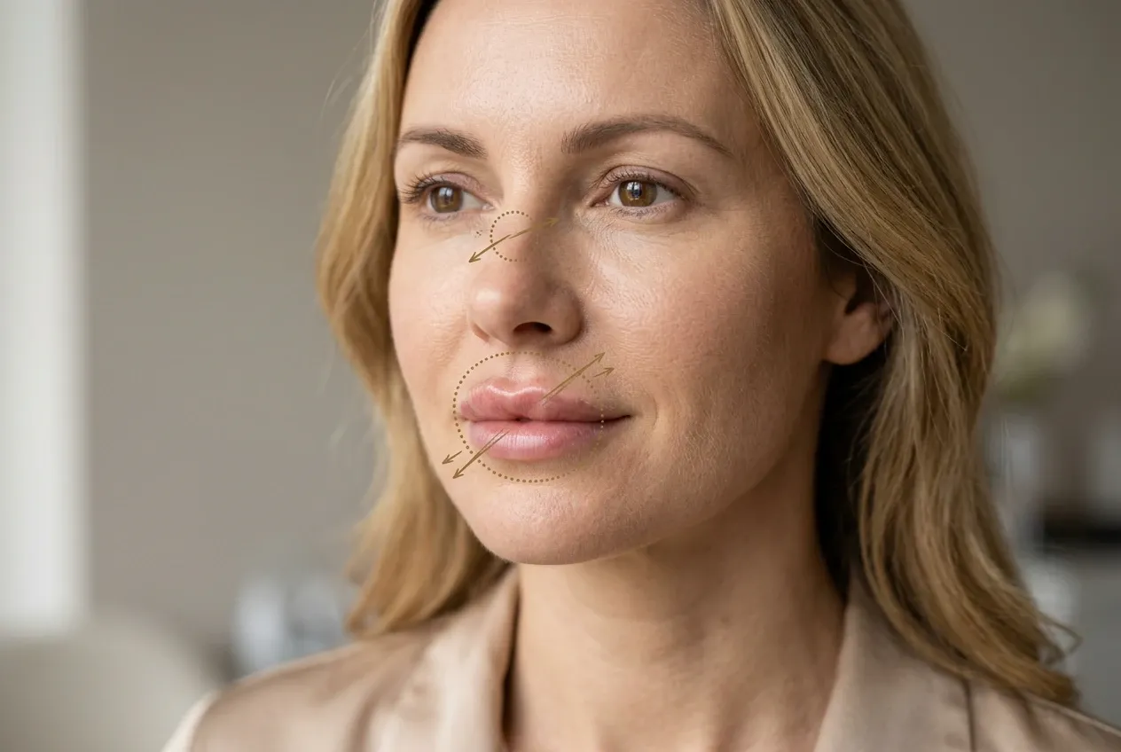 Labios y nariz de una mujer con círculos dorados de corrección marcando las zonas a disolver