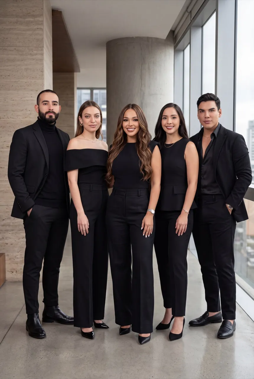 El equipo de la clínica, cinco profesionales vestidos de negro, de pie ante un ventanal.