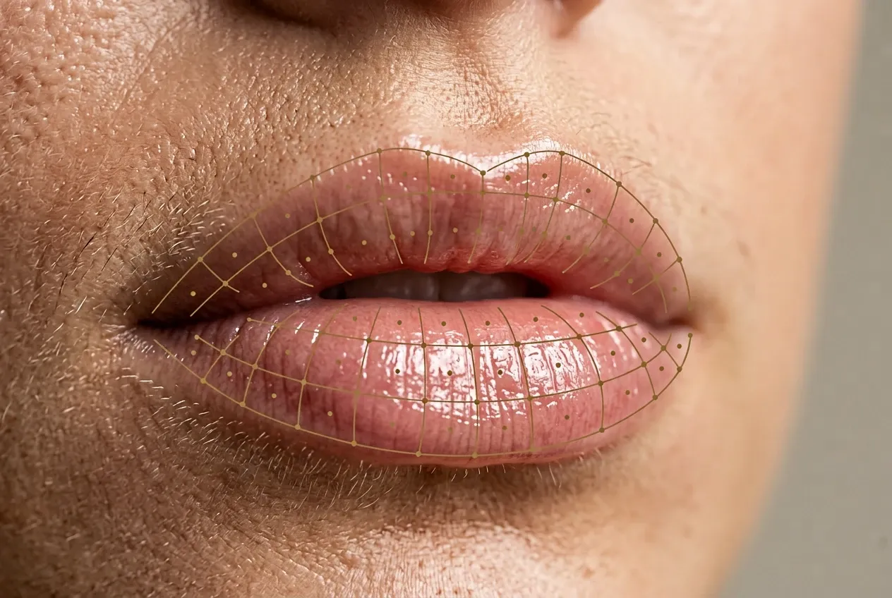 Primer plano de unos labios hidratados con un velo de micropuntos dorados
