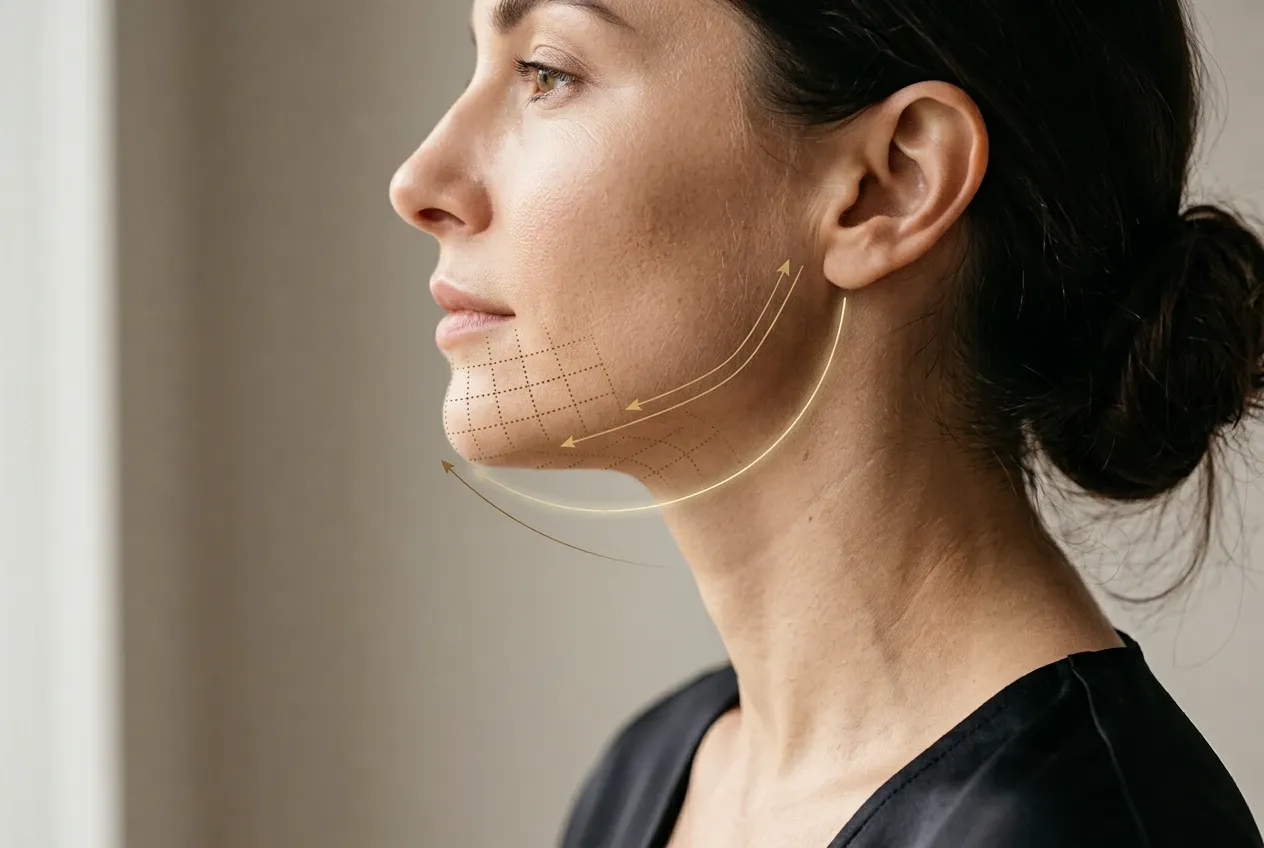 Perfil de una mujer con la papada y el óvalo facial trazados en líneas punteadas doradas