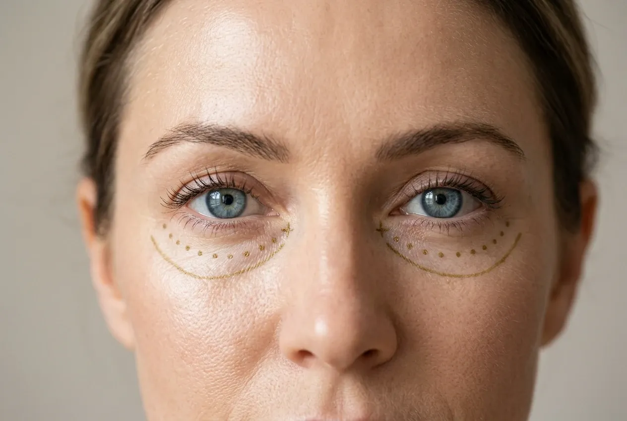 Primer plano de unos ojos con una hilera de micropuntos dorados bajo cada ojera