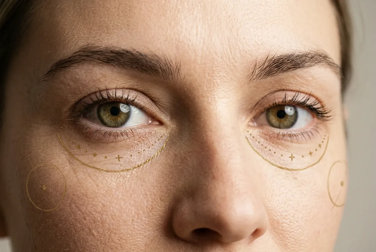Primer plano de unos ojos con medias lunas punteadas en dorado bajo las ojeras