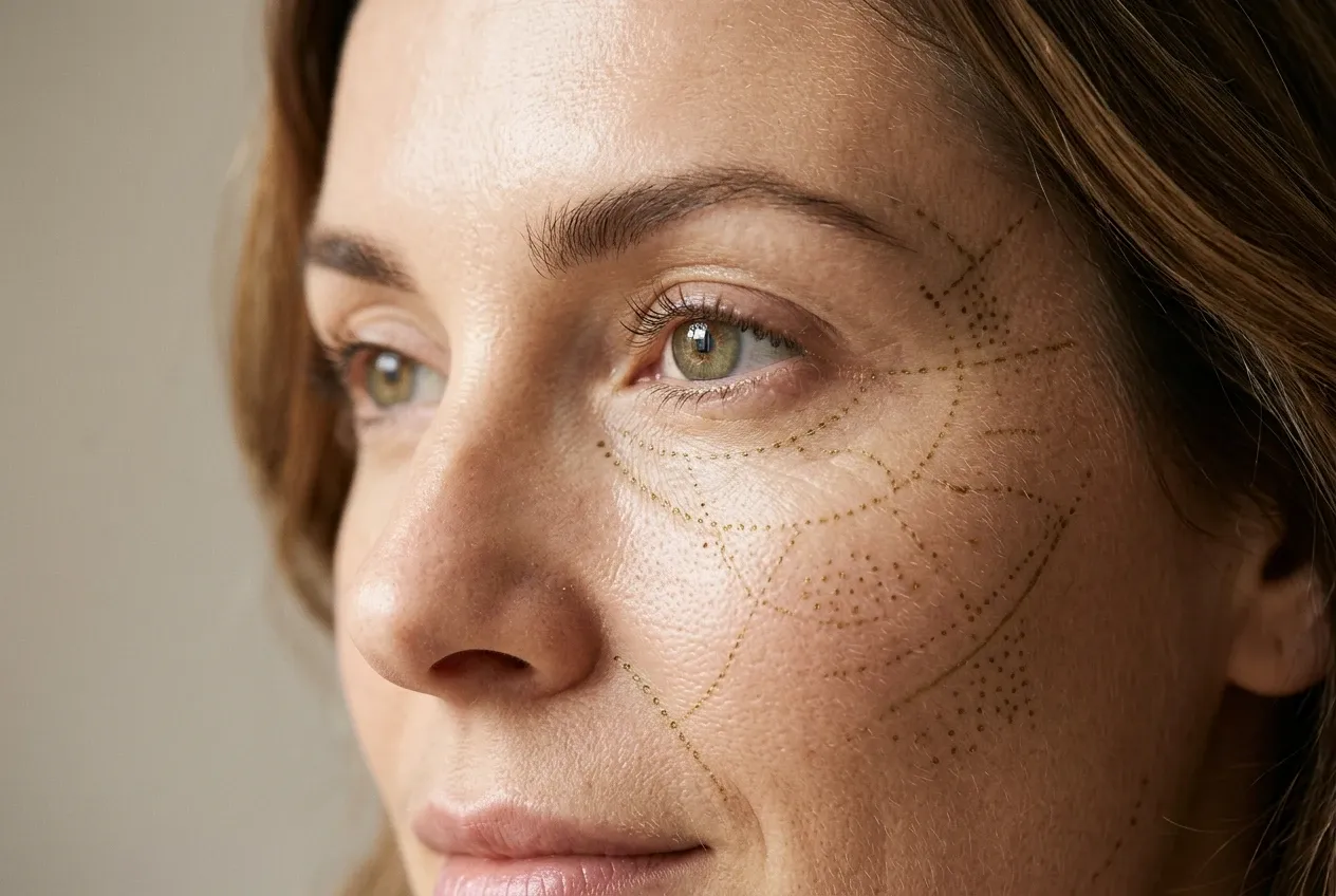 Primer plano de ojos y mejillas con constelaciones de micropuntos dorados