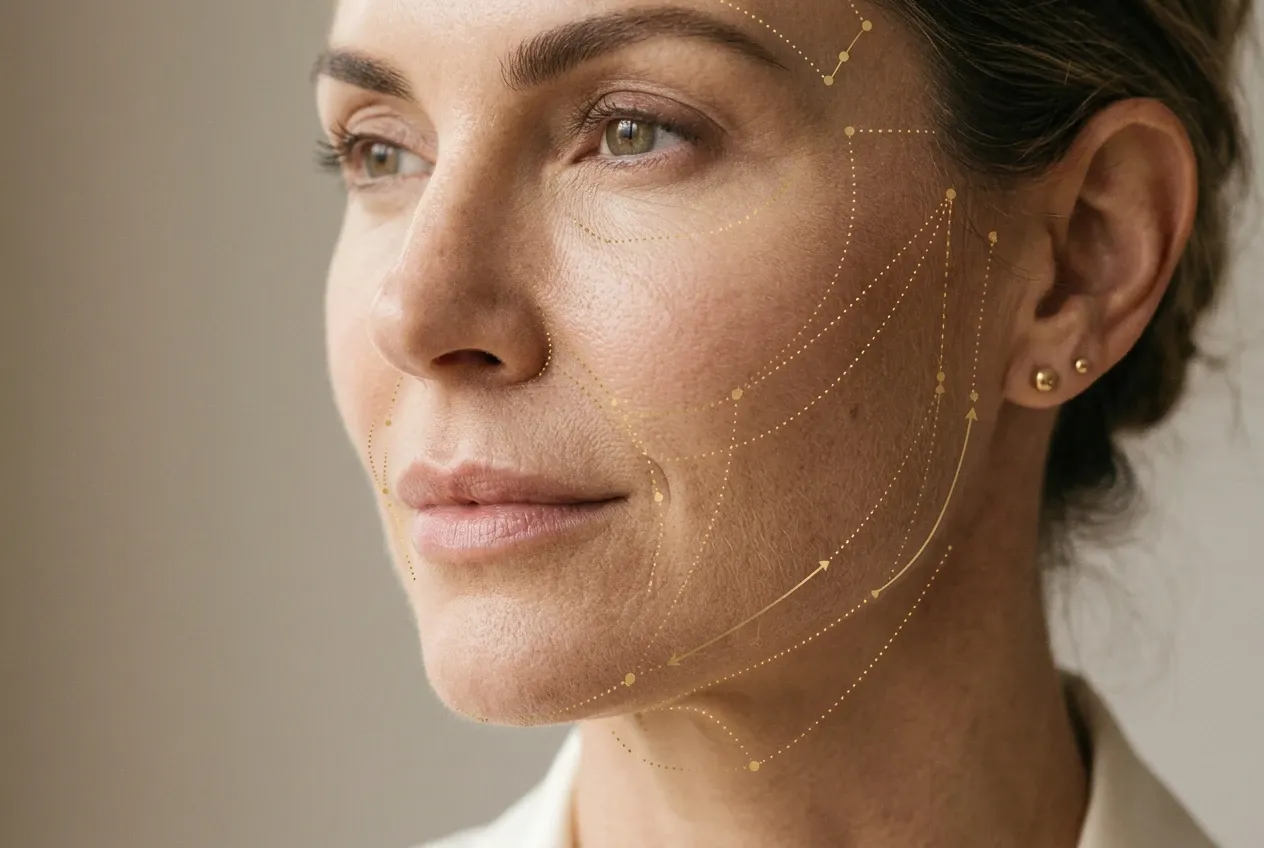 Rostro de una mujer madura con vectores dorados de estructura sobre la mandíbula y las mejillas