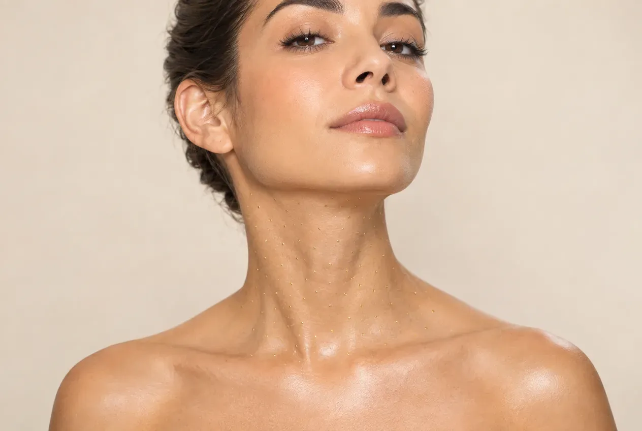 Mujer con la cabeza inclinada hacia atrás y el cuello en primer plano, con la piel lisa y luminosa