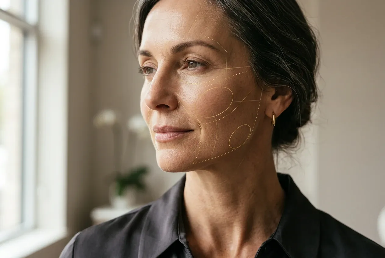 Rostro de una mujer madura con vectores dorados de contorno en las mejillas y el óvalo facial