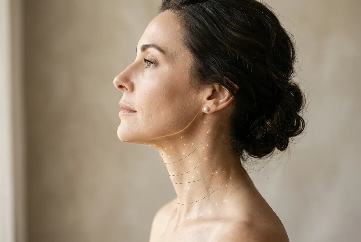 Cuello y mandíbula de una mujer con líneas punteadas doradas sobre la piel del cuello