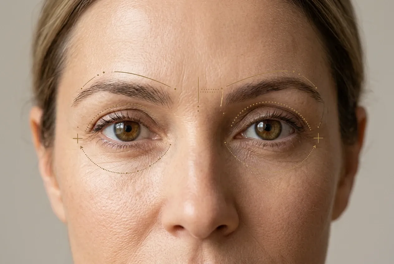 Primer plano de unos ojos con el contorno orbital trazado en micropuntos dorados