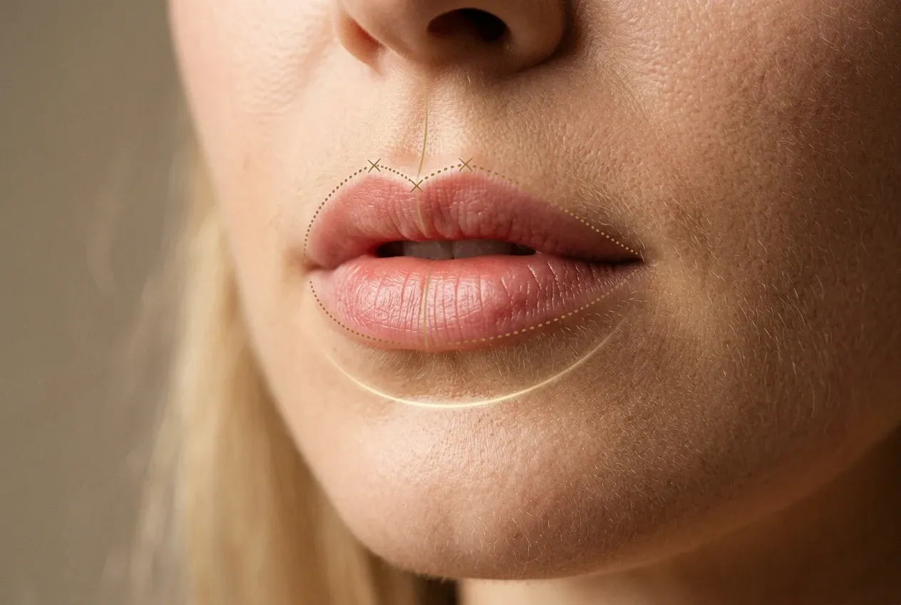 Primer plano de unos labios con el contorno perfilado en puntos dorados