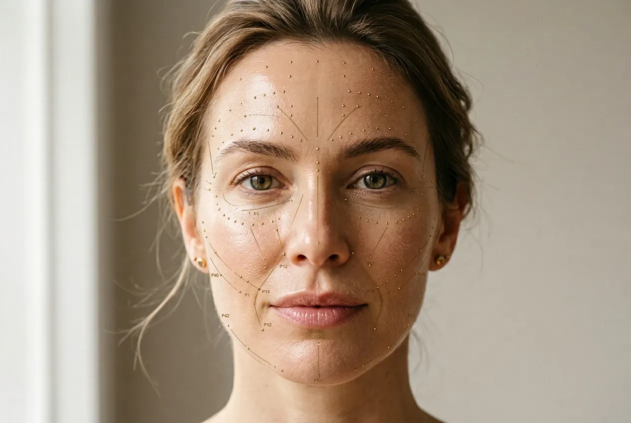 Rostro de piel jugosa con un velo de microgotas doradas por las mejillas y la frente